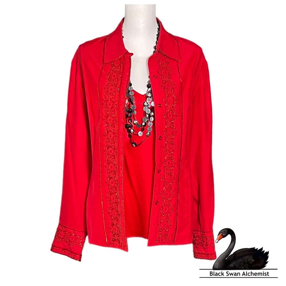 BOB MACKIE STUDIO Women's Long Sleeve Silk Embellished Button Down 16